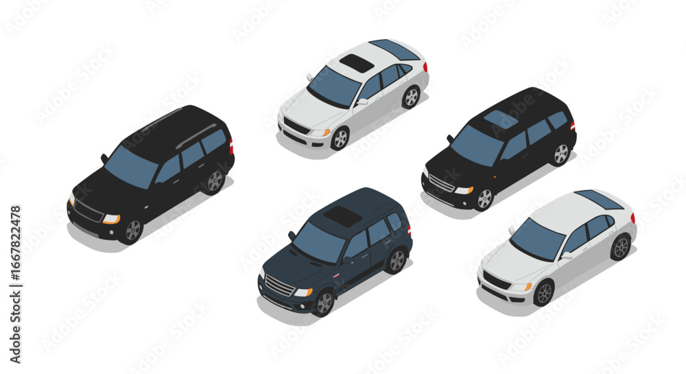 Fototapeta premium Isometric suvs collection: modern vehicle design in various colors and perspectives