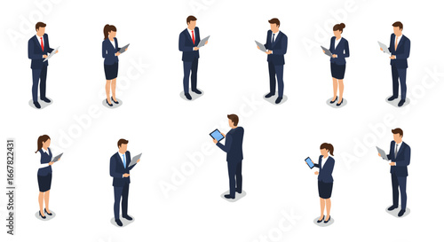 Business people in professional attire using devices