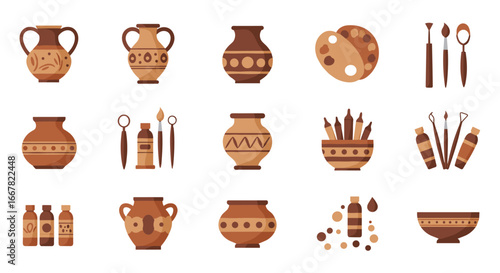 Flat ancient pottery and art supplies collection with paintbrushes and vases