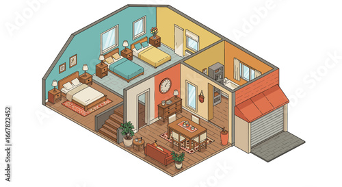 Cozy isometric house interior with living room, bedrooms, and kitchen