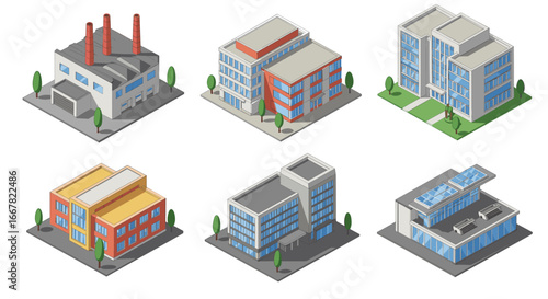 Isometric buildings set with industrial, office, and commercial structures in modern design