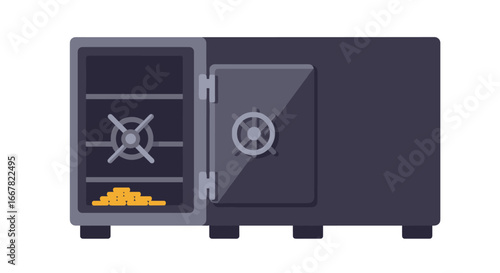 Secure safe with open door and gold bars inside on white background