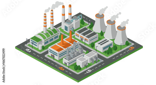 Isometric industrial plant with factories and cooling towers