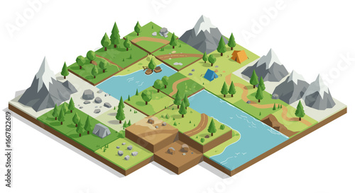 Low poly isometric landscape with mountains, river, and campsite