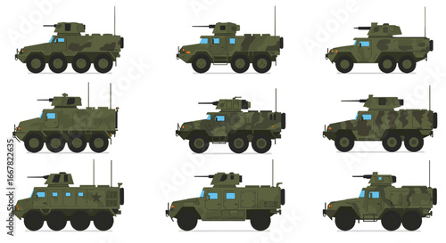 Military armored vehicles collection in flat style with camo pattern