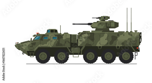 Detailed camouflage armored vehicle with weapons in flat design