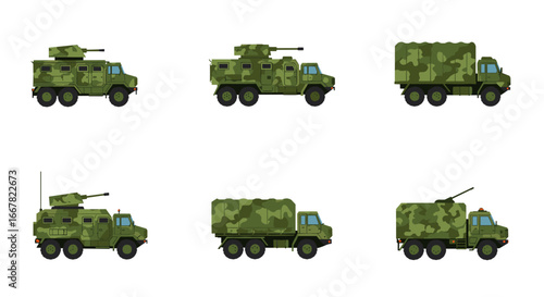 Set of military armored truck side view collection in flat design
