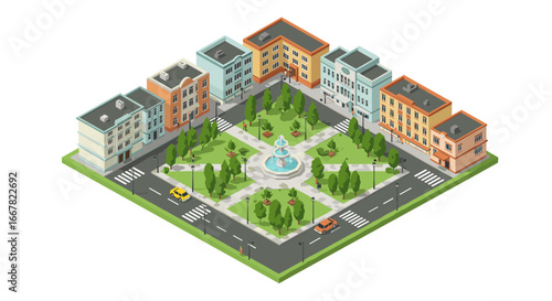 Isometric city square with colorful buildings and central fountain