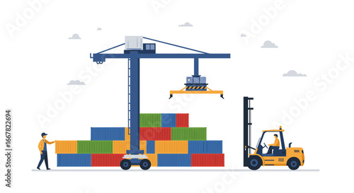 Efficient container logistics with crane and forklift on minimalist background