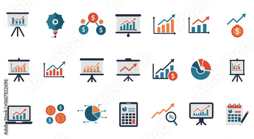 Colorful business chart icons for data and finance presentations