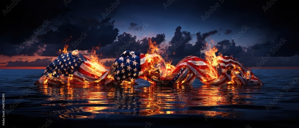 Obraz premium Burning Flag in the Dark: A dramatic and thought-provoking image depicting the American flag engulfed in flames against a dark, stormy sky and water, symbolizing turmoil and conflict.