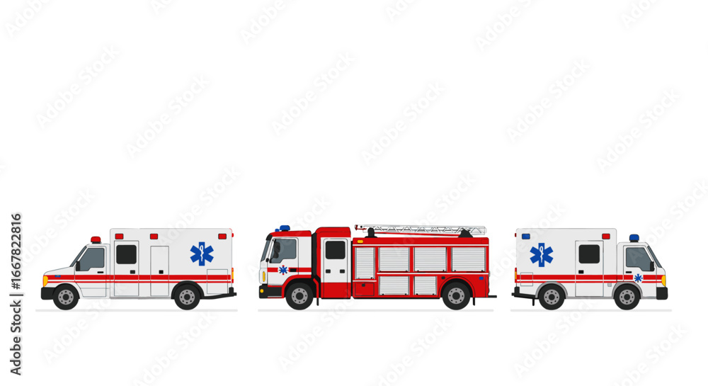 Fototapeta premium Emergency vehicles in flat design with ambulance and fire truck illustration