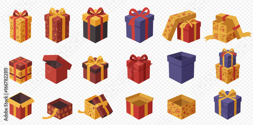 Collection of colorful gift boxes, some open, some closed, showing various wrapping styles and ribbon decorations.