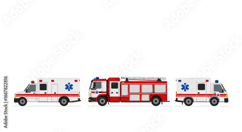 Emergency vehicles in flat design with ambulance and fire truck illustration
