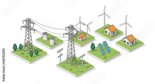 Sustainable energy sources: isometric wind turbines, solar panels, and power lines in harmony
