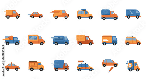 Colorful fleet of flat style delivery and utility vehicles in motion