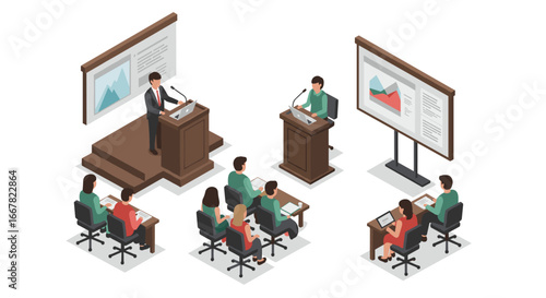 Isometric business presentation with speakers and audience in conference room