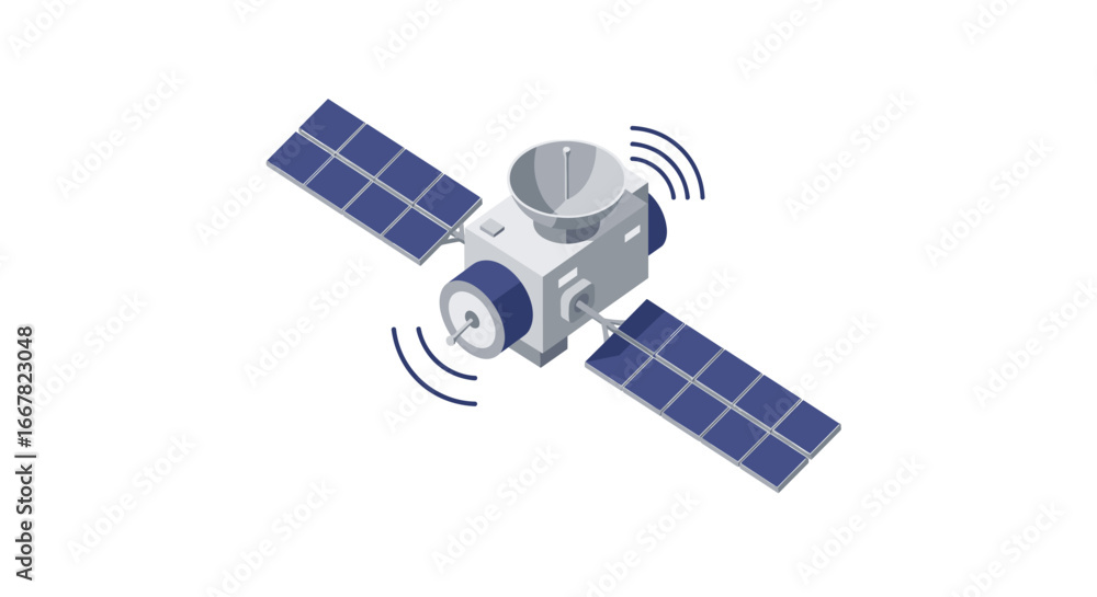 Fototapeta premium Isometric satellite with solar panels and signal waves in space technology design
