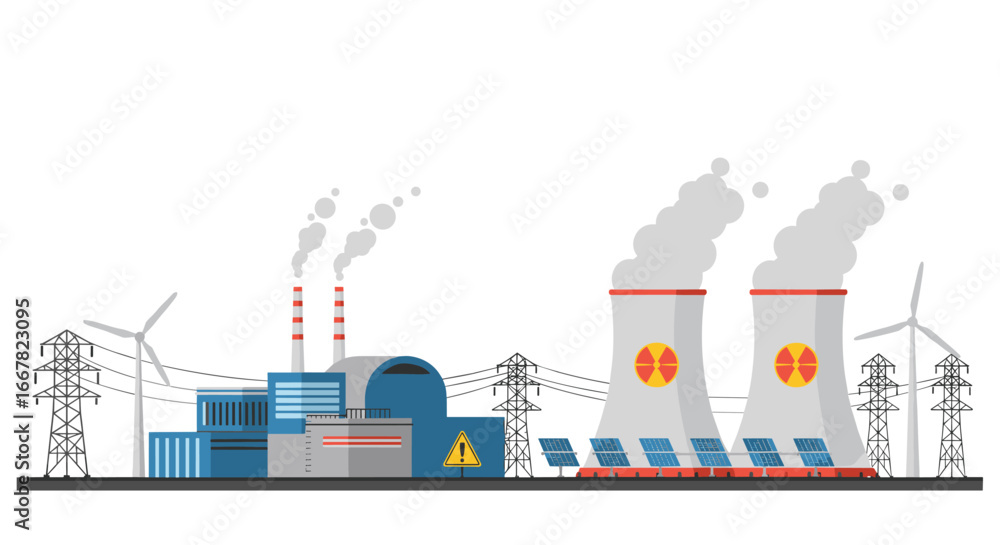 Obraz premium Nuclear energy plant with wind turbine and solar panels in flat design