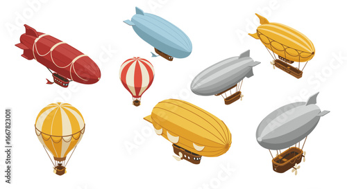 Colorful isometric airships and hot air balloons on white background