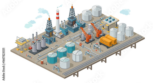 Isometric oil refinery complex with tankers, silos, and industrial machinery