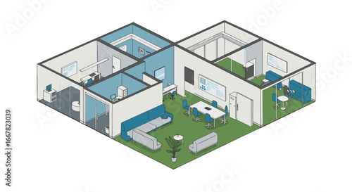 Modern office interior layout with meeting rooms and lounge areas in isometric design