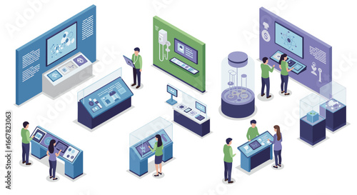 Isometric museum exhibits with interactive technology displays