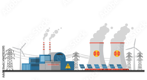 Nuclear energy plant with wind turbine and solar panels in flat design