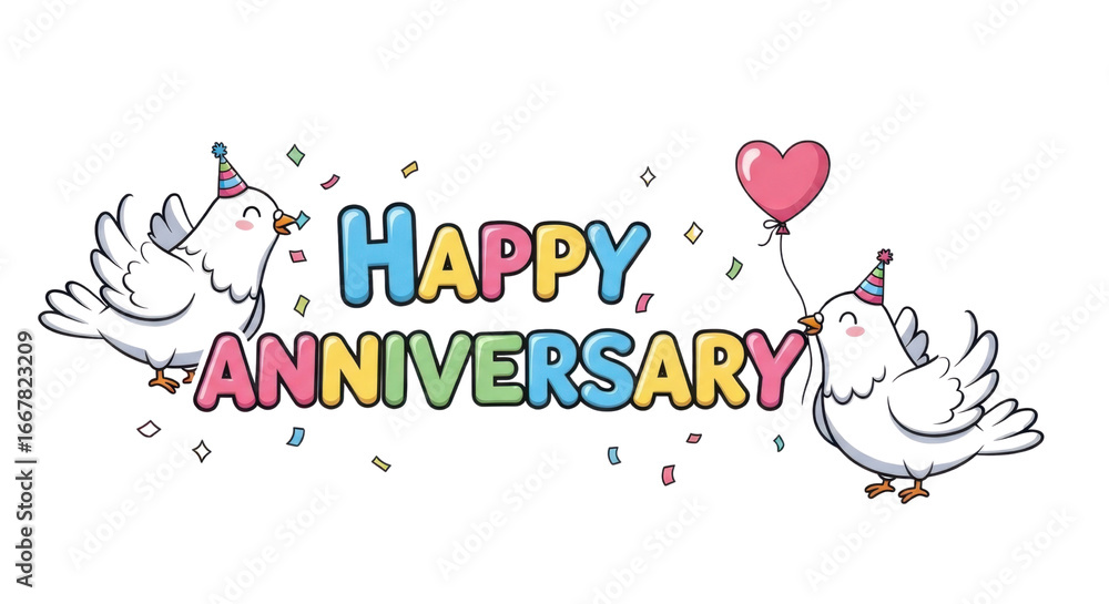 Obraz premium Celebrate a happy anniversary with adorable birds wearing party hats and a festive heart balloon