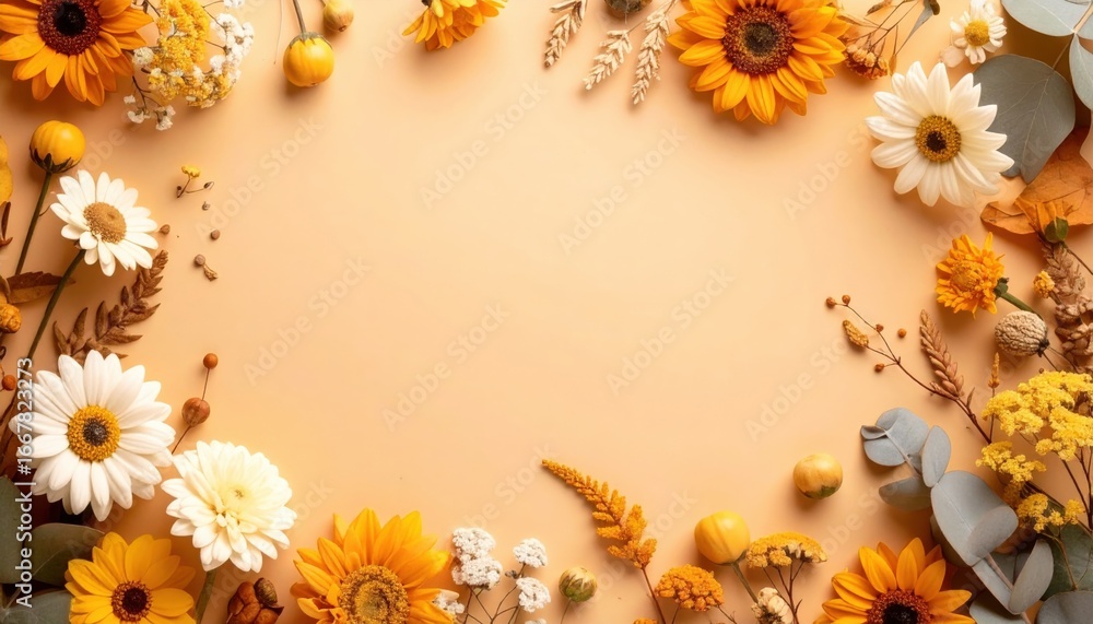 Fototapeta premium vibrant floral frame of yellow and white blossoms. The beautiful blossoms create a frame with a beige backdrop