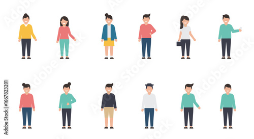 Diverse collection of flat character avatars in casual outfits