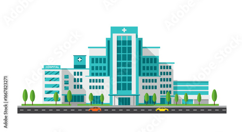 Modern flat design hospital building with trees and cars