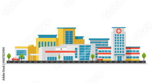 Modern flat hospital complex with cars and trees on a clear day