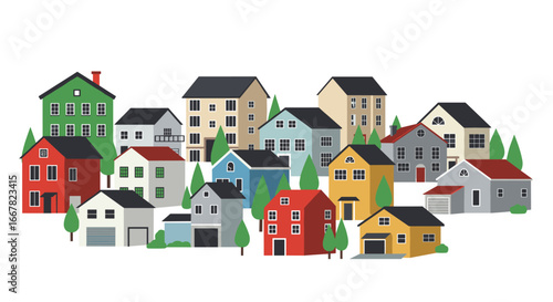Colorful neighborhood with diverse houses in flat design