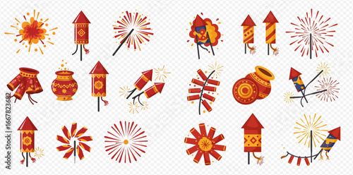 Colorful illustration of various fireworks and firecrackers, including rockets, sparklers, and traditional diyas.