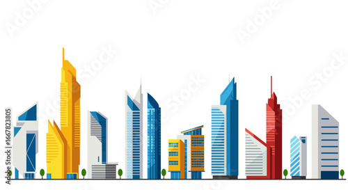Modern city skyline with geometric buildings