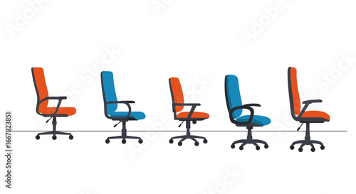 Colorful office chairs in side view layout on white background
