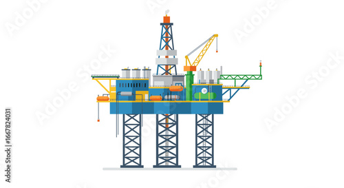 Offshore oil rig platform in a detailed flat design with industrial equipment
