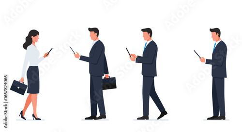 Diverse business professionals using smartphones in flat design