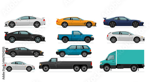 Diverse modern vehicle collection in flat style: cars, trucks, suvs, and vans
