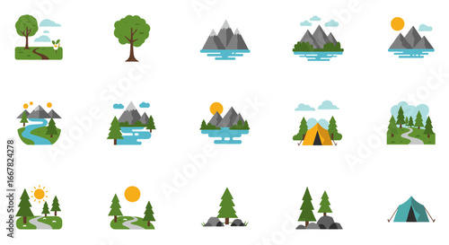 Minimalist nature icons set featuring mountains, trees, and tents in flat style