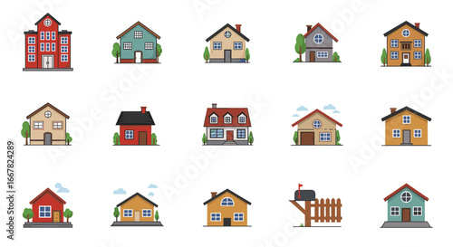 Charming collection of diverse residential house designs in flat style