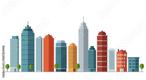 Flat urban skyline with colorful geometric buildings and trees
