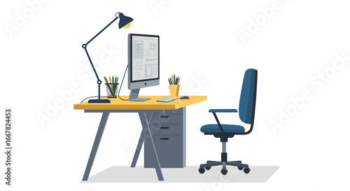 Modern office workspace with computer and lamp on desk