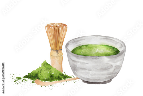 抹茶と茶筅、茶杓のセットの水彩画