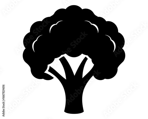 Simple black silhouette of a lush and bushy tree against white background