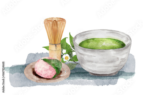 抹茶と桜餅、お茶の花の水彩画