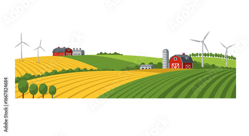 Idyllic countryside landscape with barns and wind turbines in flat design