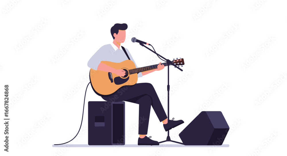 Obraz premium Musician playing acoustic guitar on stage in minimalist style