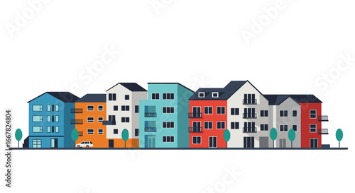 Colorful urban row houses with trees and cars in modern minimalistic style